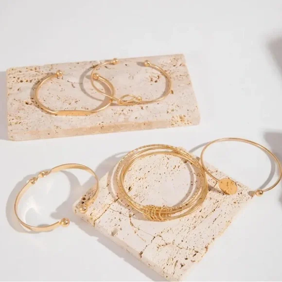5pcs Trendy Vintage Style Bangle Set Stylish Geometric Cuff Bracelets Golden - Picture 6 of 7